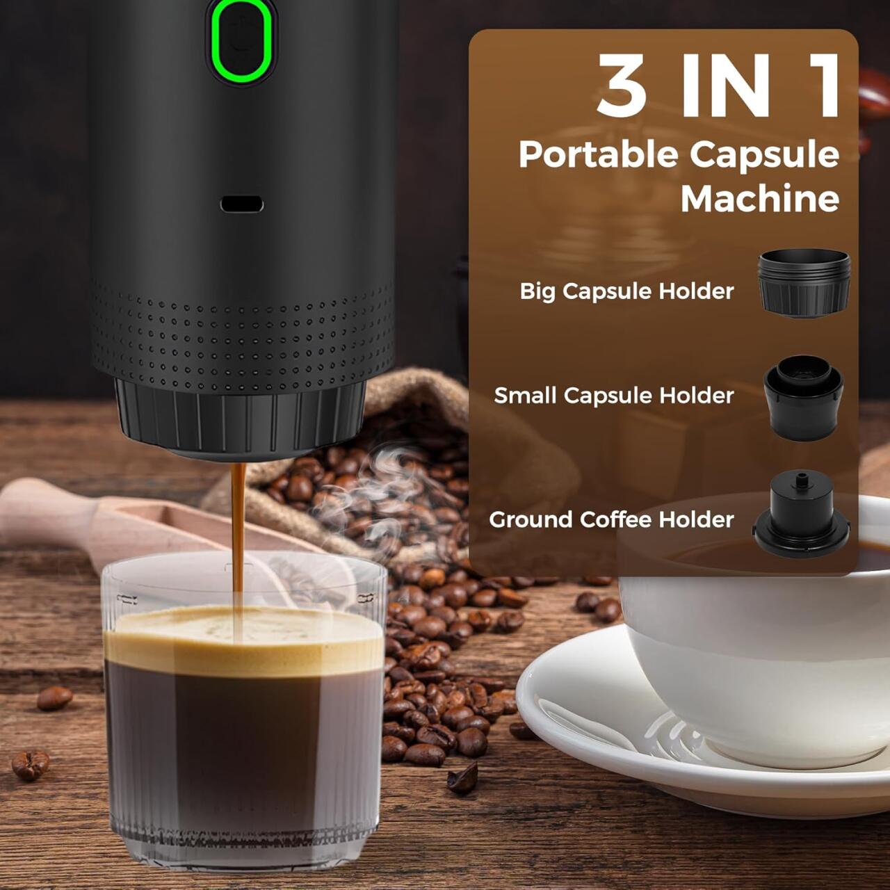 Máquina de Café Portátil 3 em 1 – Espresso Compacto e Recargável